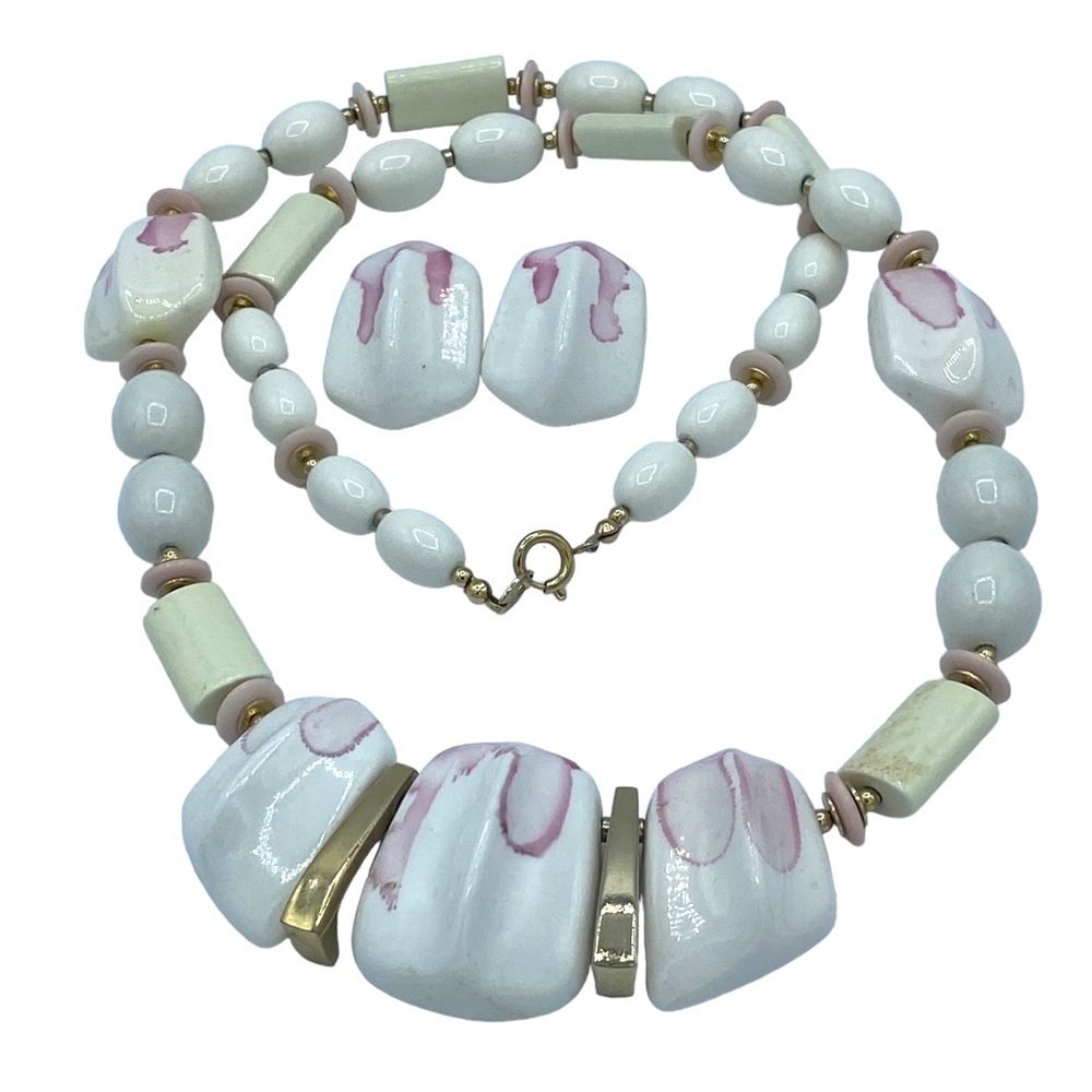 Vintage White Bib Necklace Modern Art Design Panels Pendant Japan handmade 80s